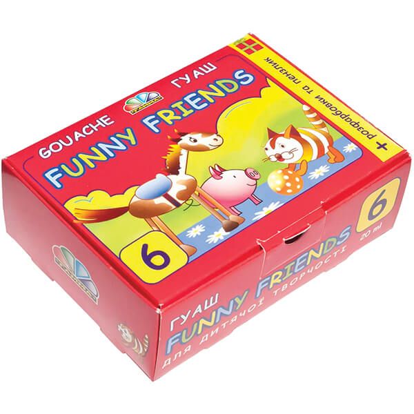 Краски гуашевые з пензлем і розмальовками Веселі друзі 6 кольорів по 20 мл 321038 Гамма