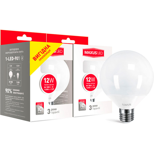 Лампа светодиодная Maxus G95 12 Вт E27 3000K 220 В матовая 2 шт