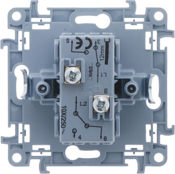 Выключатель проходной двухклавишный Simon 10 без подсветки 10 А 250В белый CW6/2.01/11