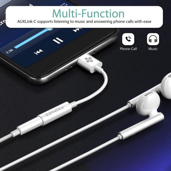 Перехідник Promate USB type C — AUX 3.5 мм 0,2 м білий (auxlink-c.white) 