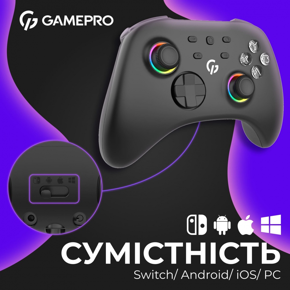 Геймпад бездротовий GamePro GPX13B 2.4G/BT 5.1/USB (Switch/PC/iOS/Android) RGB Black black