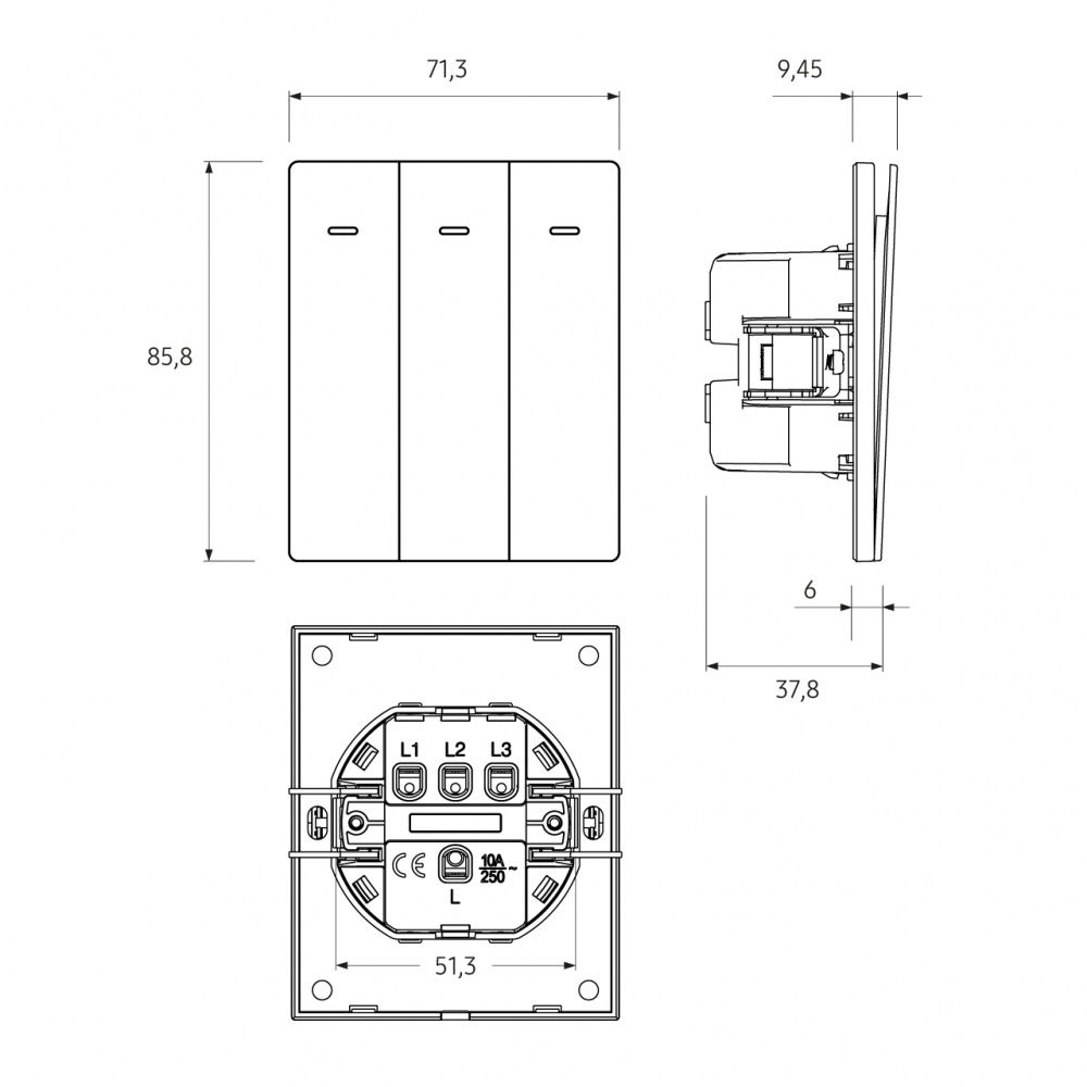 Выключатель трехклавишный HausMark INO с подсветкой черный LS-3G LED-GP-Black