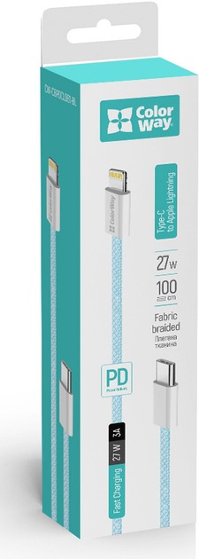 Кабель ColorWay Type-C - Apple Lightning (braided cotton) (PD Fast Charging 27W) 1 м синій (CW-CBPDCL061-BL)