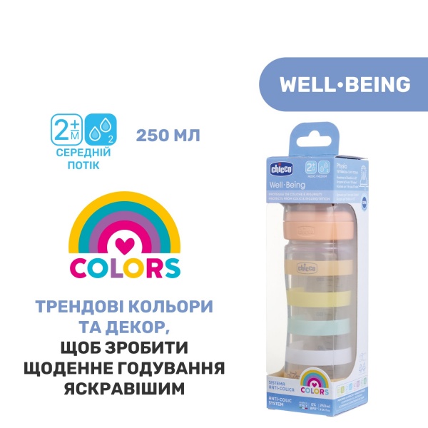 Бутылочка Chicco Well-Being Colors 2м+ 250 мл оранжевая (28623.31)
