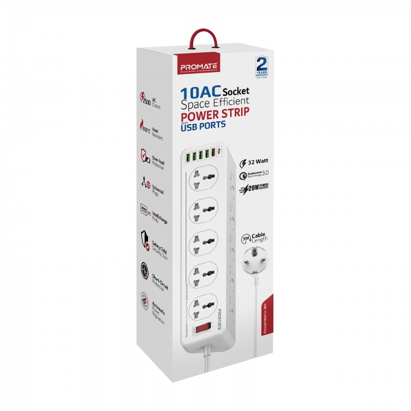 Сетевой фильтр Promate PowerMatrix-3M 10 розеток, 1хUSB-C PD, 1хUSB-A QC 3.0, 4хUSB-A с заземлением 10 гн. белый 3 м powermatrix-3m.eu 