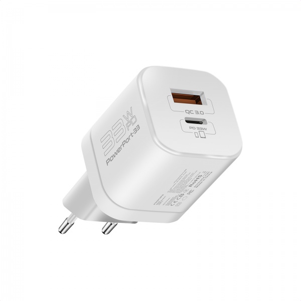 Сетевое зарядное устройство Promate PowerPort-33 Вт USB-C+USB-A White 