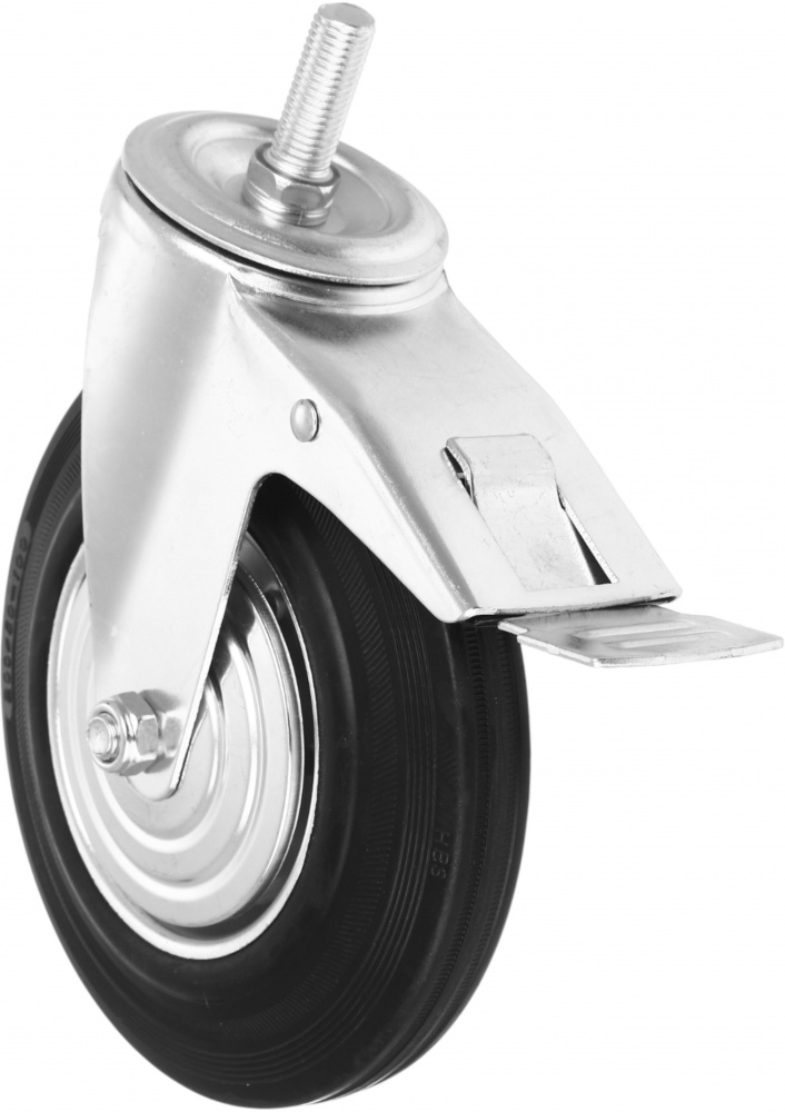 Колесо d200 мм резиновое поворотное с тормозом і резьбовым штырем M16