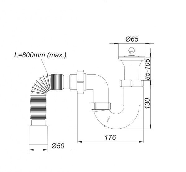 Сифон для умывальника ScandiSPA без выпуска гофрированная труба L20/D40-50mm