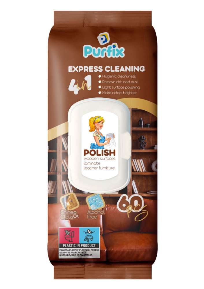 Вологі серветки Purfix для догляду за ламінатом, дерев’яними поверхнями та шкіряними меблями 60 шт. 300г
