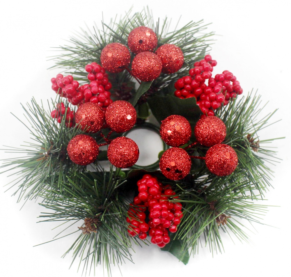 Декорация новогодняя кольцо для свечи с хвоей и ягодами W01-0504/5