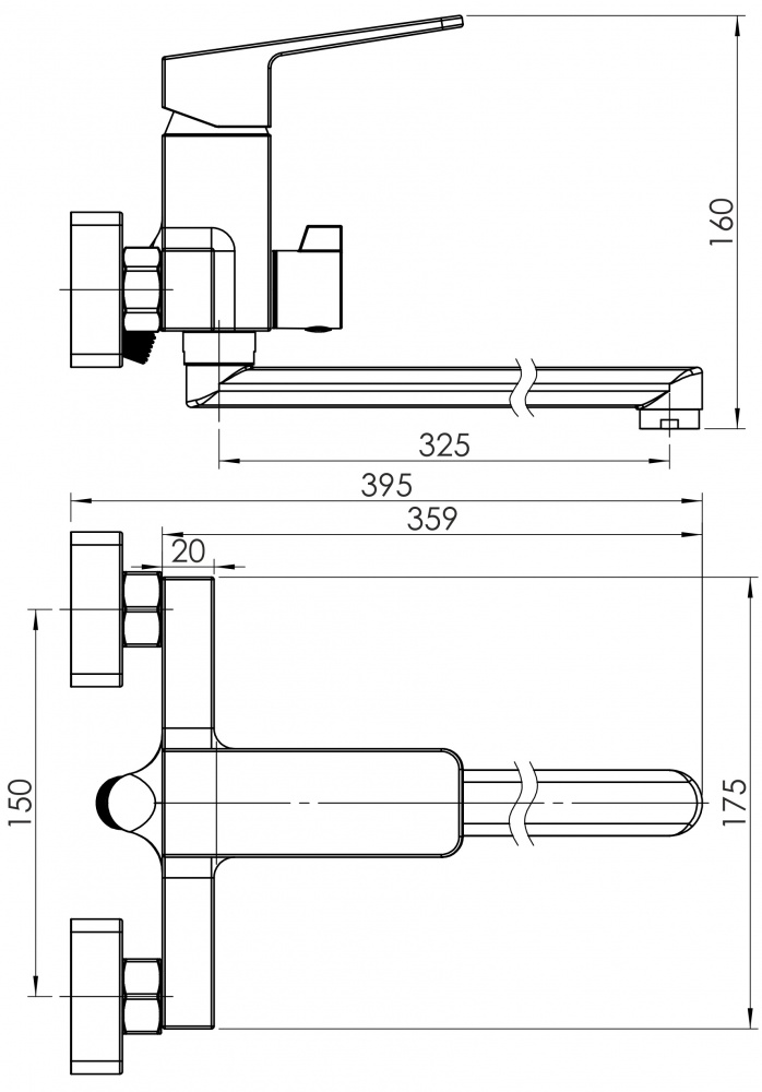 Смеситель для ванны RJ ROD L-излив, с душевым гарнитуром, хром