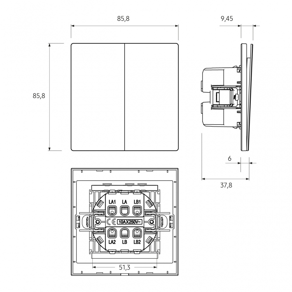 Выключатель проходной двухклавишный HausMark INO без подсветки серый WS-2G-EU-Gray
