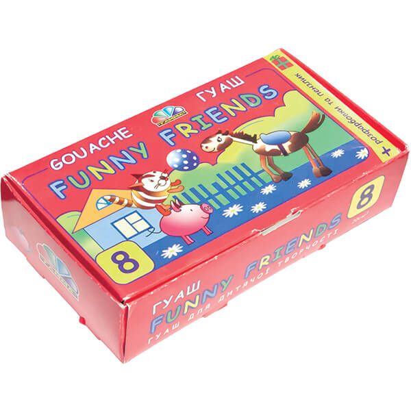 Краска гуашевая 8 кольорів по 20 мл., з пензликом та розфарбовками, 321039 Funny Friends