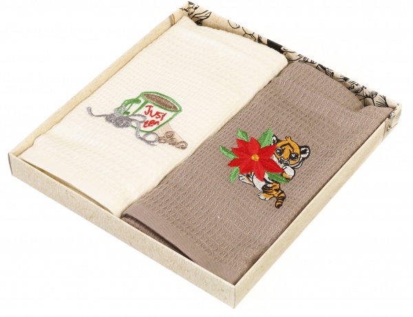 Набор полотенец вафельных с вышивкой Рождественский кофейный 45x60 см бежевый с коричневым Luna 