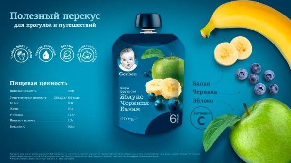 Пюре Gerber Яблоко, черника и банан 90 г 7613036345880 