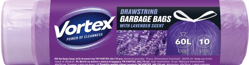 Мешки для мусора с затяжками Vortex HDРЕ с ароматом лаванды стандартные 60 л 10 шт.