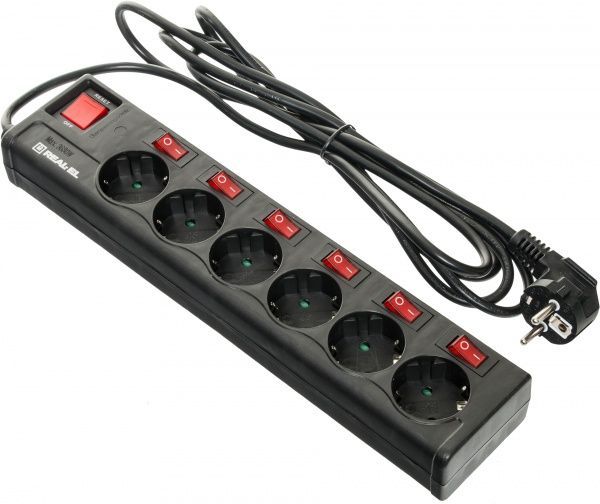 Фильтр-удлинитель REAL-EL EL122300003 RS-6 EXTRA с заземлением 6 гн. черный 5 м RS-6 EXTRA 5m, black 