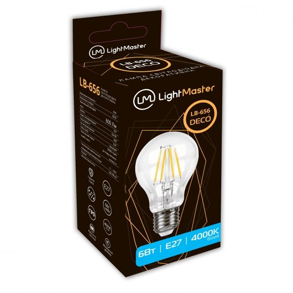 Лампа світлодіодна LightMaster FIL Deco A60 6 Вт E27 4000 К 220 В прозора LB-656 