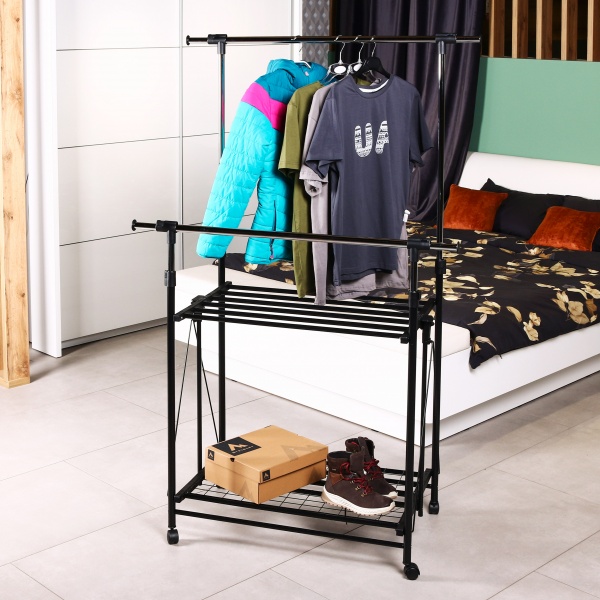 Держатель для одежды PROзапас 890х510х108 (1840) мм двойной раскладной с полками черный