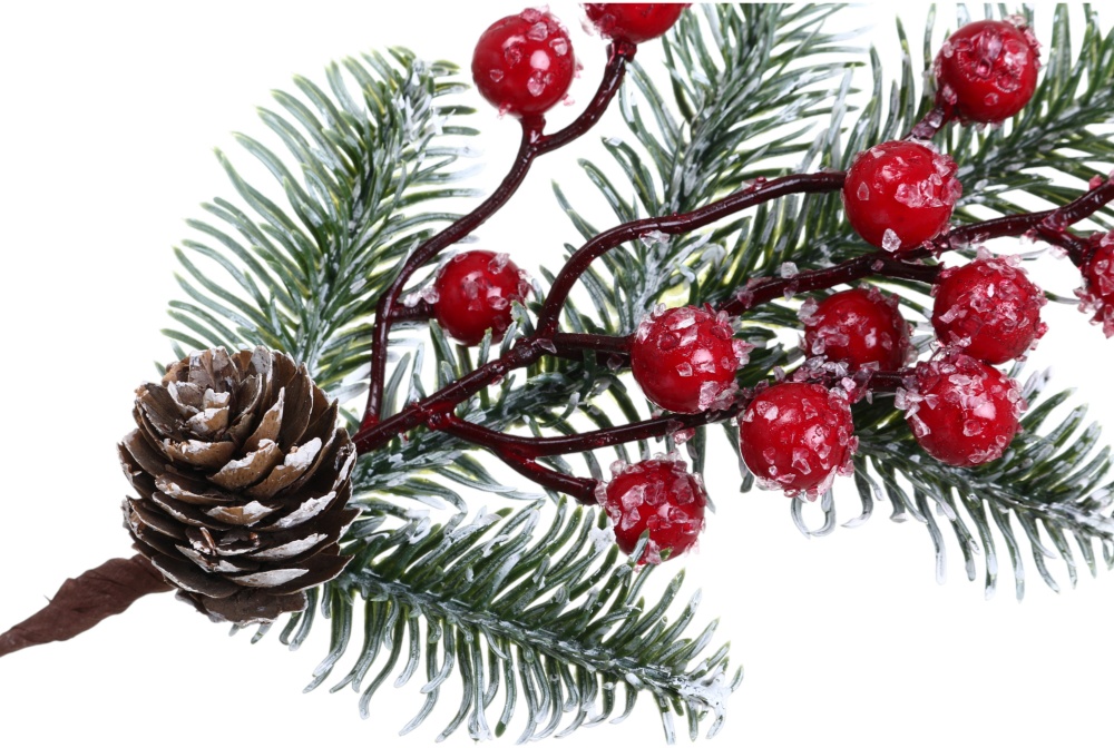 Веточка декоративная забеленная с красными ягодами и шишками 26 см