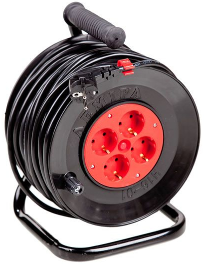 Подовжувач на котушці Леміра без заземлення 4 гн. чорний із червоним 20 м У16-01 2х2,5