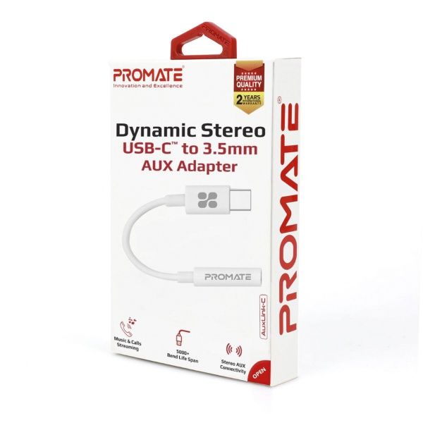 Перехідник Promate USB type C — AUX 3.5 мм 0,2 м білий (auxlink-c.white) 