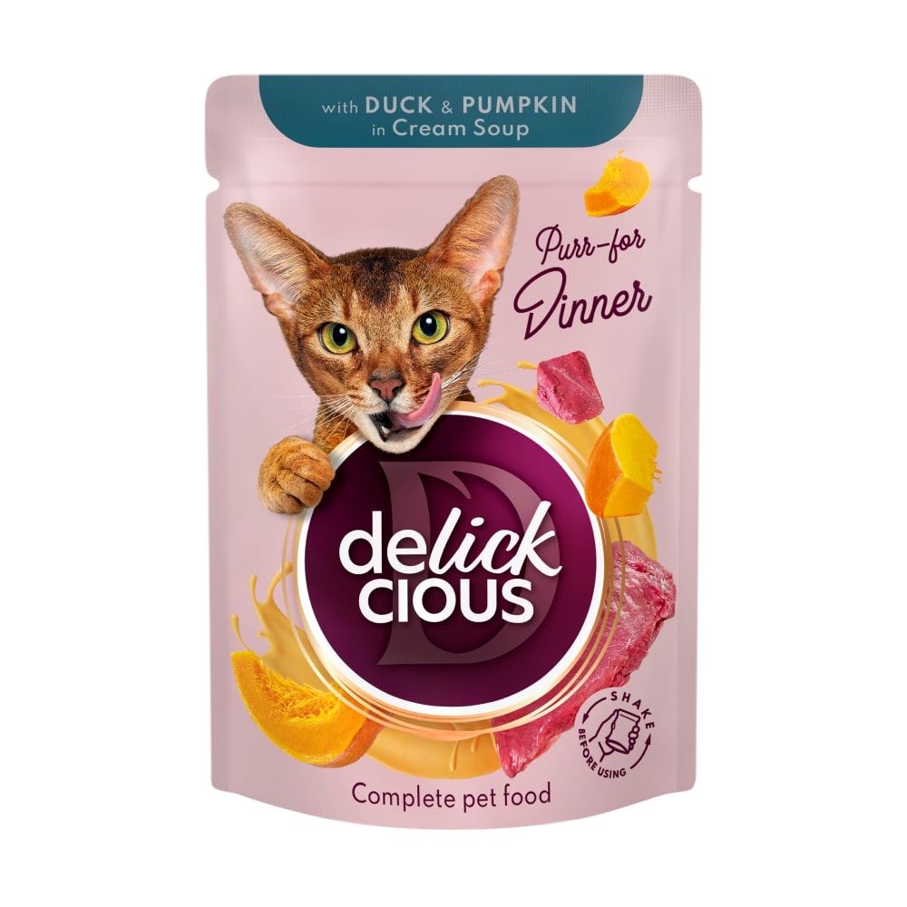 Корм влажный DELICKCIOUS Полоски с уткой и тыквой в крем-супе 85 г