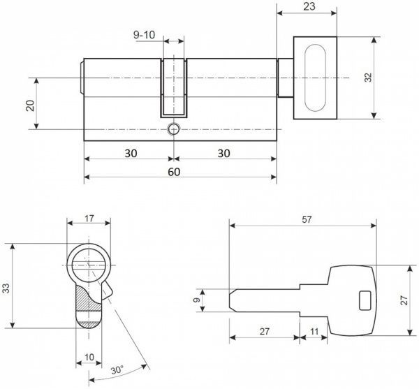 Циліндр Apecs EC-60-C-G (CIS) 30x30 ключ-ключ 60 мм жовтий