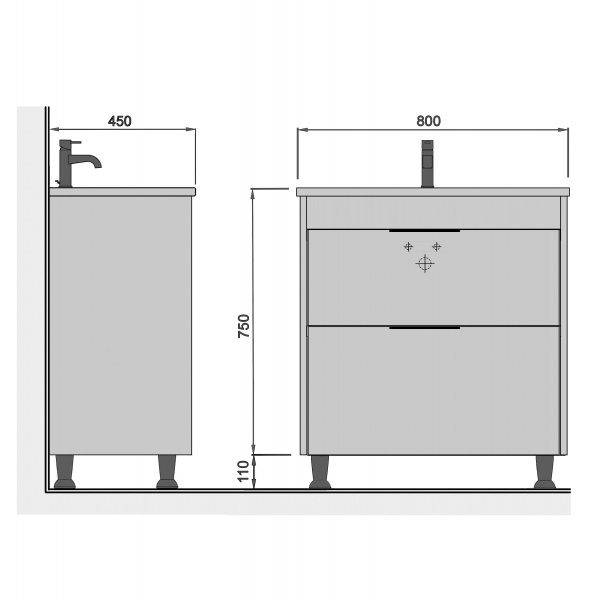 Тумба на ножках Мойдодыр Freya 80 с умывальником Creavit Ipek 80