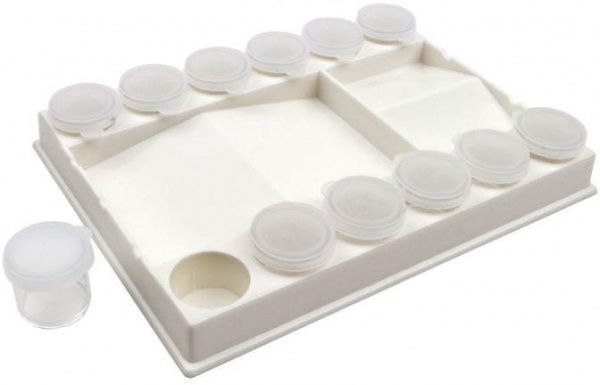 Палітра пластикова прямокутна з лунками 20,5х15х3см.+ 12 БАНОЧОК з кришечкою D.K.Art&Craft