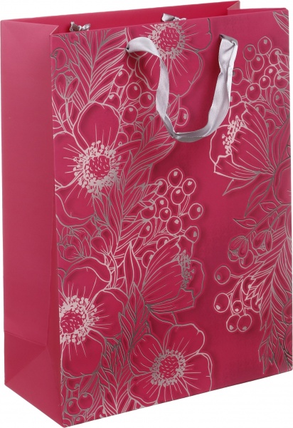 Пакет подарочный XLL-1 D-1143 розовый серебряные цветы с лаком глитер.