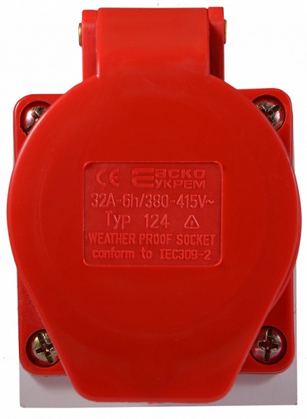 Розетка силовая стационарная с заземлением АСКОУКРЕМ ГC 32А/4 3Р+РЕ (124) красно-белый