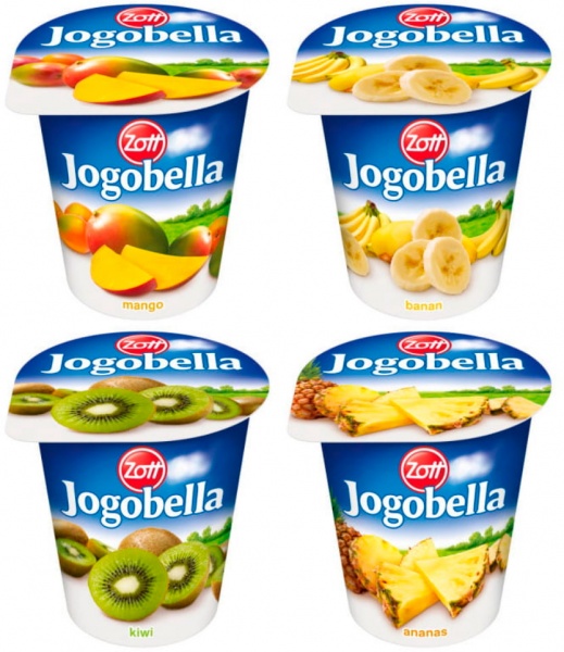 Йогурт ТМ Zott Йогобелла екзотік в асортименті зі смаком (ананасу, банану, ківі, манго), 2,7%, 150г 