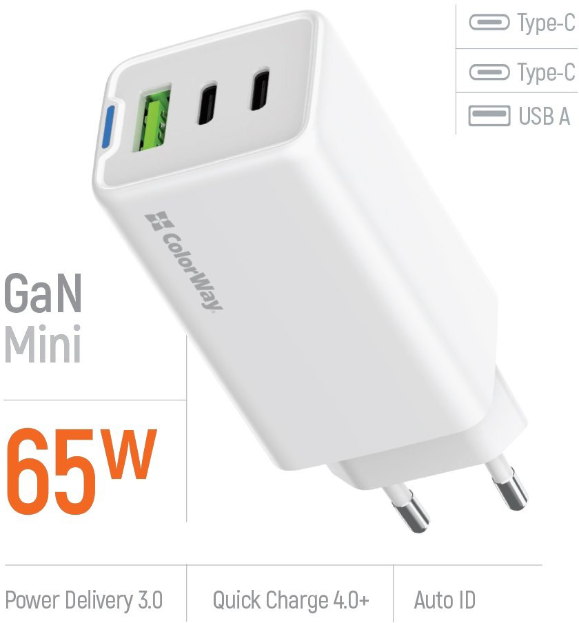 Сетевое зарядное устройство ColorWay GaN Mini 65W PD Port PPS USB (USB-2C1A) белый (CW-CHS058PD-WT)