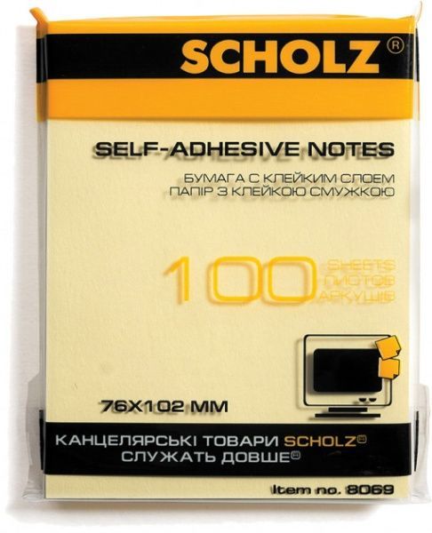 Бумага для заметок с липким слоем 76х102 мм 100 листов желтая SCHOLZ