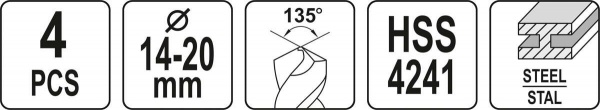 Набор сверл по металлу YATO HSS 4241 d14-20 мм 75/150 мм для нержавеющей и конструкционной стали 4 шт. YT-44625