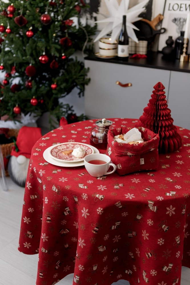 Скатерть круглая Колокольчики на красном d136 136x136 см Прованс