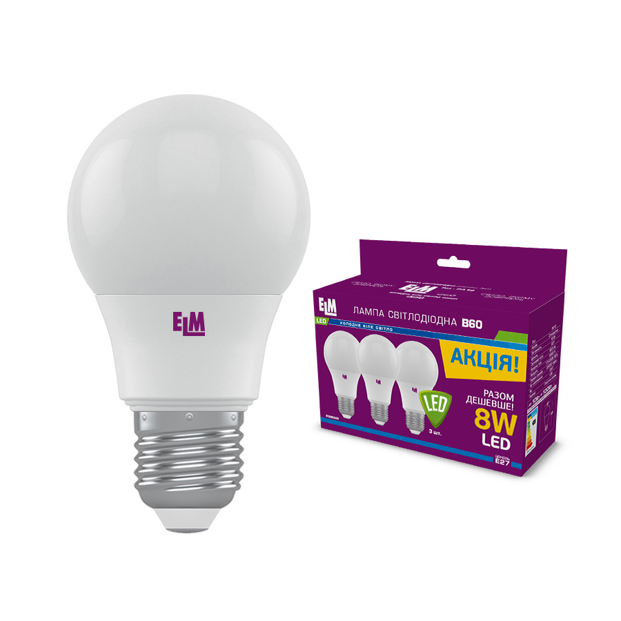 Лампа світлодіодна ELM 3 шт./уп. 8 Вт A55 E27 220 В 4000 К 18-0169