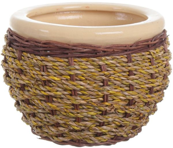 Горшок Viet Thanh Ceramic с блюдцем плетеный 16х13 см VT.10875-3 круглый бежевый с коричневым 