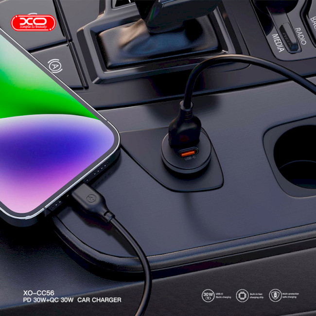 Автомобильное зарядное устройство Xo CC56 Mini 1xUSB-A/1xUSB-C/30W Car Charger Black (CC56_BLACK)