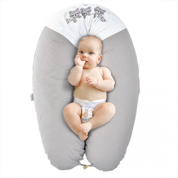 Подушка для кормления 35х200 см с вышивкой и пуговкой серая IDEIA