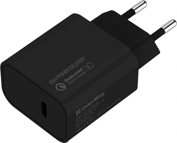Зарядное устройство ColorWay Power Delivery Port USB Type-C 20W V2 black (CW-CHS026PD-BK) 