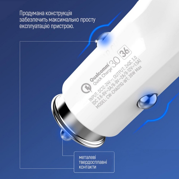 Автомобильное зарядное устройство ColorWay 2USB Quick Charge 3.0 (36W) белый 