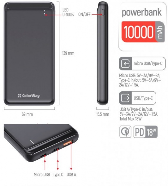 Зовнішній акумулятор (Powerbank) ColorWay LCD USB QC3.0 + USB-C PD 22.5W 10000 mAh black (CW-PB100LPG3BK-PD) 