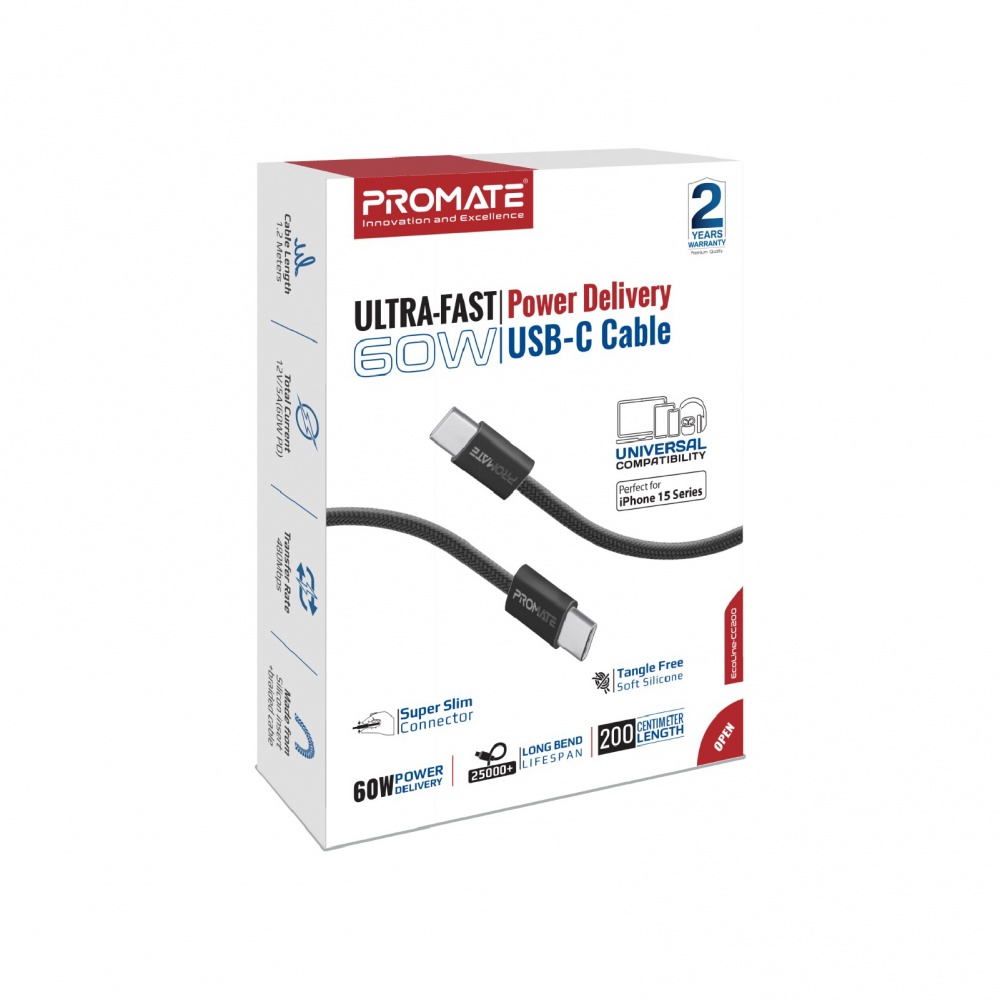 Кабель Promate EcoLine-CC200 USB-C to USB-C 60W Power Delivery 2 м black (ecoline-cc200.black)