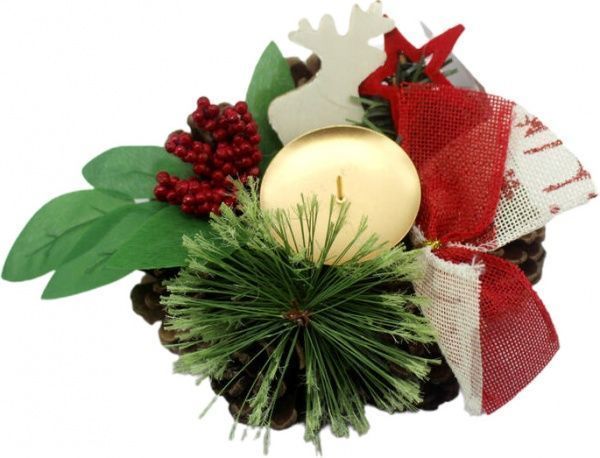 Декорация новогодняя Подсвечник с шишками лентой фигурками 15 см EPI-W01-1294/11K 