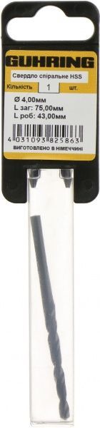 Сверло по металлу Guhring HSS 43x75 мм тип N 4 мм 322041981