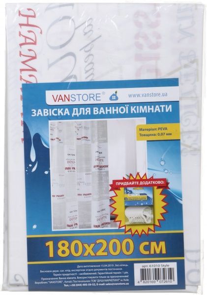 Шторка для ванны VanStore Style 180x200 см