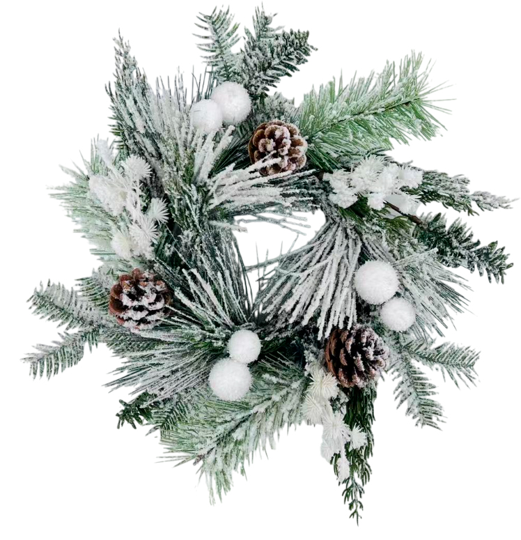 Вінок новорічний хвойний мікс засніжений з білими ягодами і шишками d350 мм A3-56229