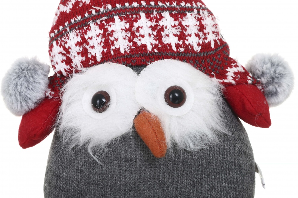 Декорация новогодняя сова в шапке-ушанке красно-серая 24 см LF2230053